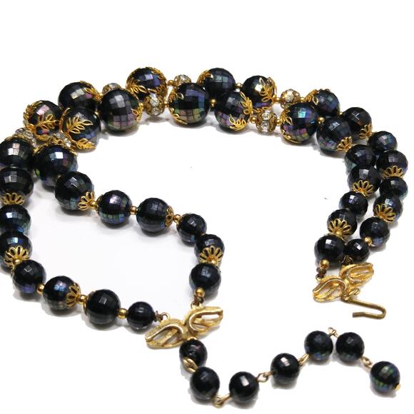 Deauville Black Faceted Lucite Bead Necklace Rhinestone Gold Tone 1950s - Picture 6 of 10